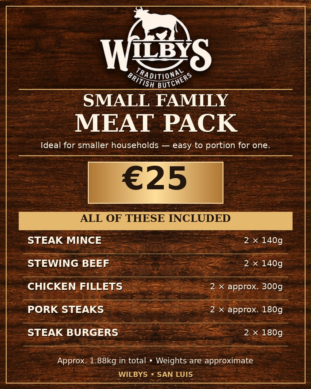 Wilbys Small Family Meat Pack — €25, contents and approximate weights