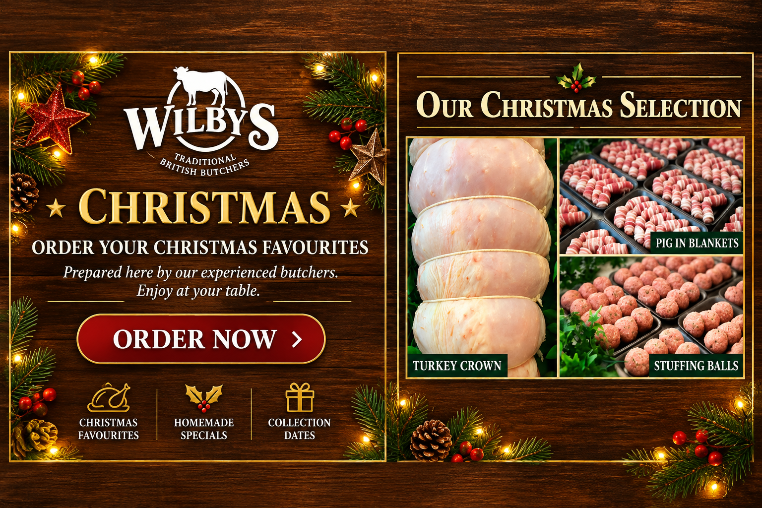 Wilbys Christmas: festive Christmas ordering banner and Christmas selection with turkey crowns, pigs in blankets and stuffing balls